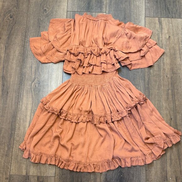 Women’s Ruffle Tiered Dress Smock Waist Romantic Dress Rust Brown BaliElf Hand - Picture 2 of 10